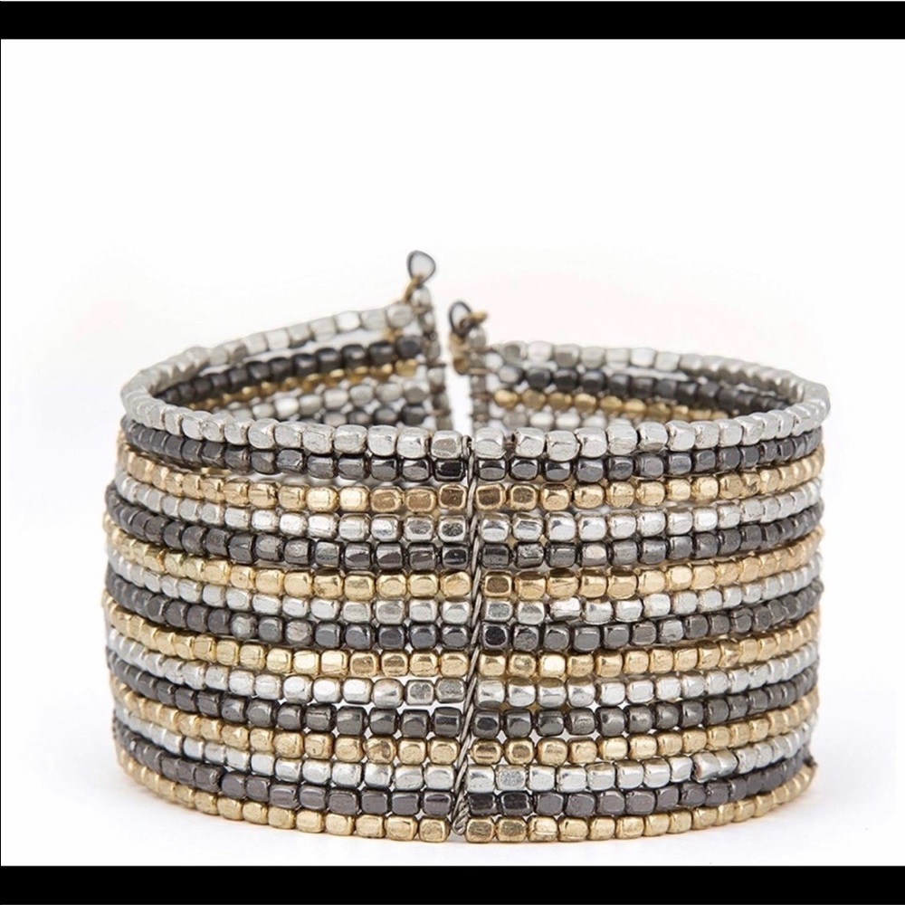 Boho Multi Toned Beaded Cuff Bangle Bracelet